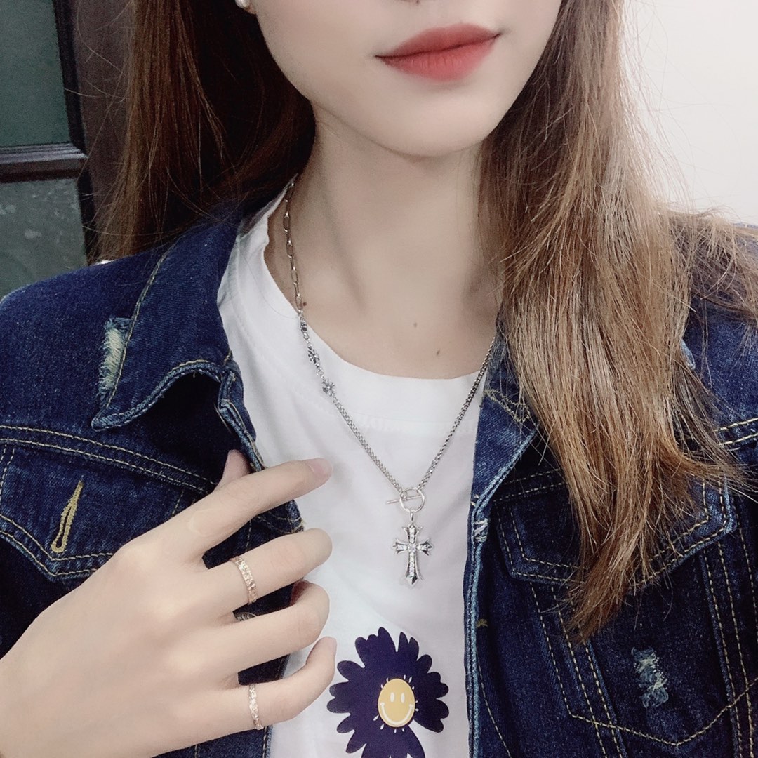 Chrome Hearts Double Cross Pendant OT Chain Necklace necklace Silver-toned metal with clear cubic zirconia stones 50cm
