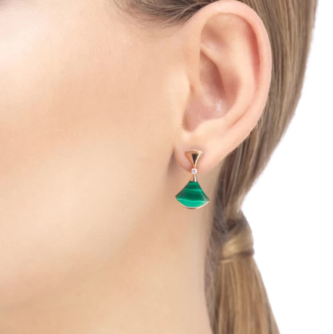 Bvlgari Diva s Dream earrings 18k rose gold green malachite clear diamond accents 2 3cm drop length