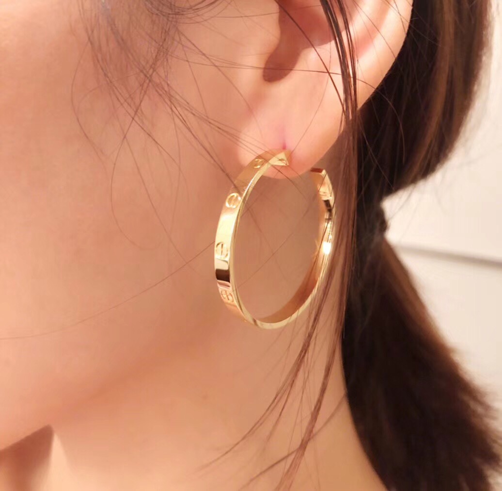 Cartier Love earrings 18k white gold 18k yellow gold 18k rose gold no gemstones 42mm hoop diameter