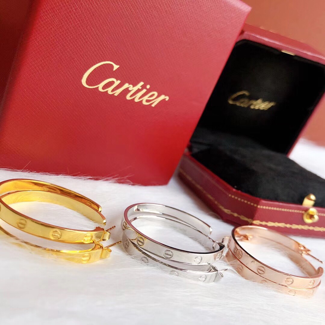 Cartier Love earrings 18k white gold 18k yellow gold 18k rose gold no gemstones 42mm hoop diameter