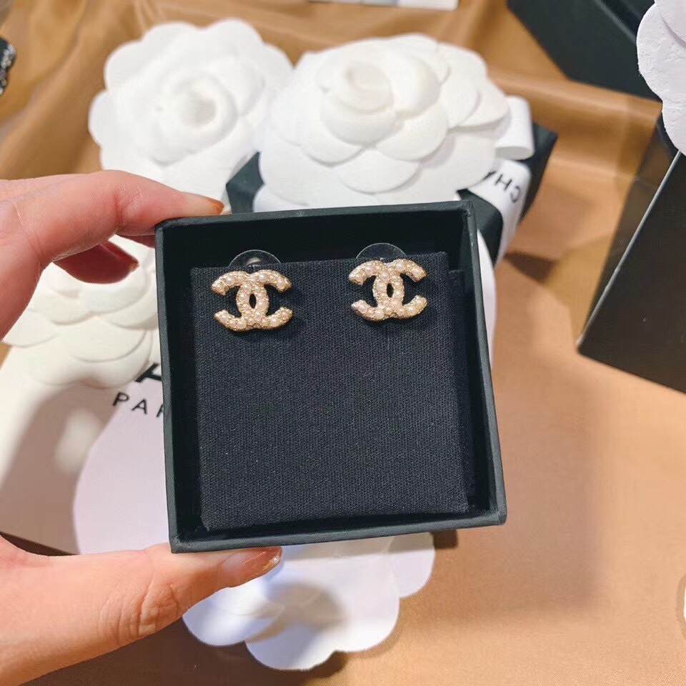 Chanel CC Pearl Stud Earrings earrings gold-tone metal with white faux pearls 1 2cm width per earring