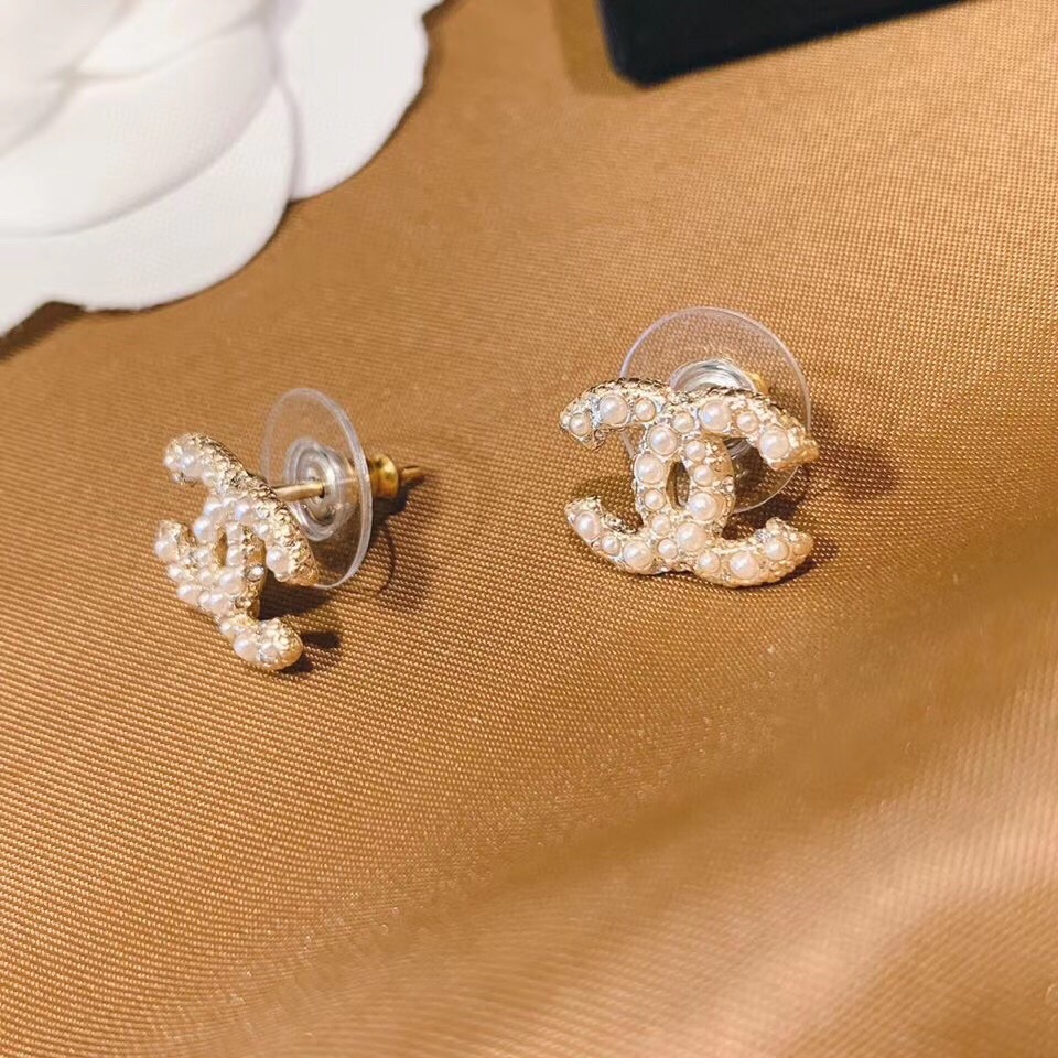 Chanel CC Pearl Stud Earrings earrings gold-tone metal with white faux pearls 1 2cm width per earring
