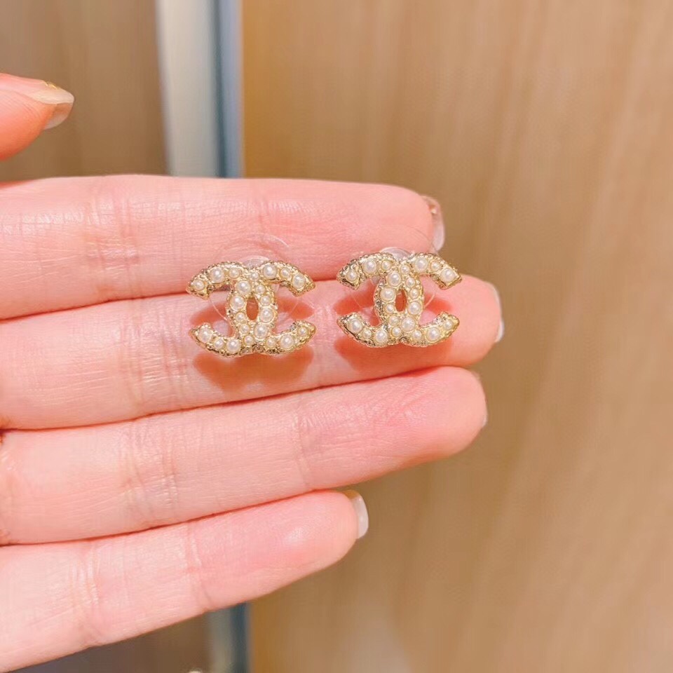 Chanel CC Pearl Stud Earrings earrings gold-tone metal with white faux pearls 1 2cm width per earring