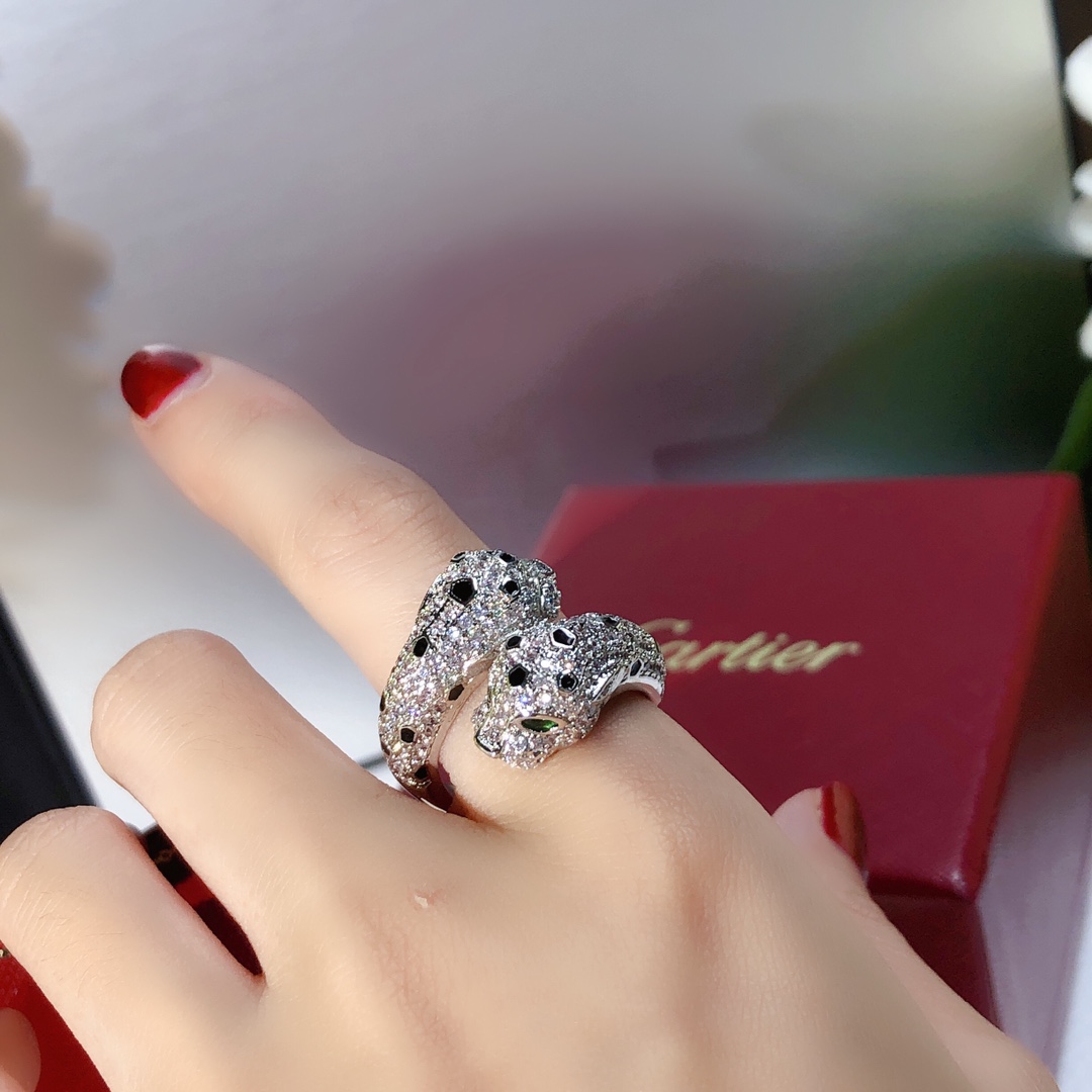 Cartier Panthere de Cartier ring 18K white gold paved diamonds black onyx spots tsavorite garnet eyes 54