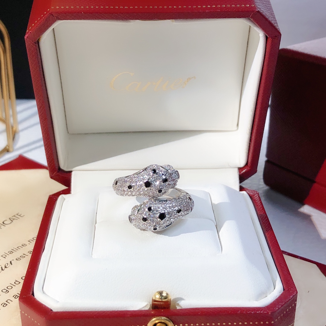 Cartier Panthere de Cartier ring 18K white gold paved diamonds black onyx spots tsavorite garnet eyes 54