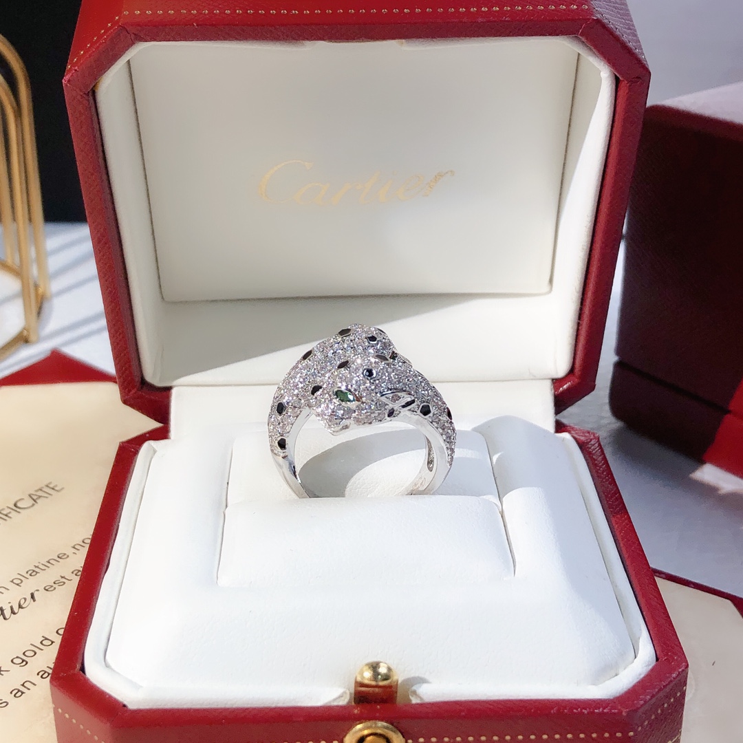 Cartier Panthere de Cartier ring 18K white gold paved diamonds black onyx spots tsavorite garnet eyes 54