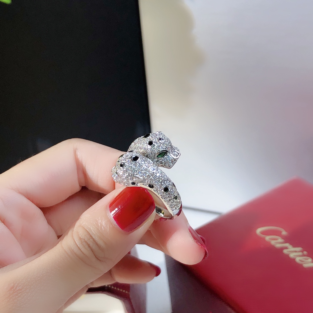 Cartier Panthere de Cartier ring 18K white gold paved diamonds black onyx spots tsavorite garnet eyes 54