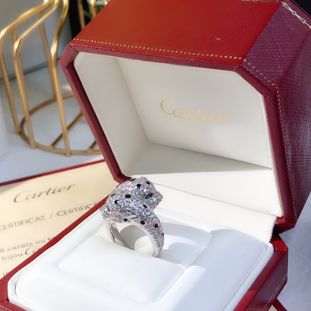 Cartier Panthere de Cartier ring 18K white gold paved diamonds black onyx spots tsavorite garnet eyes 54