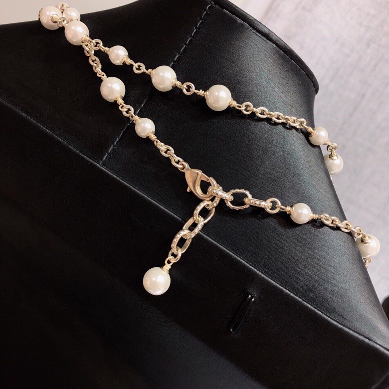 Chanel CC Pearl Long Necklace necklace Gold-tone metal cream white faux pearl clear crystal 80cm
