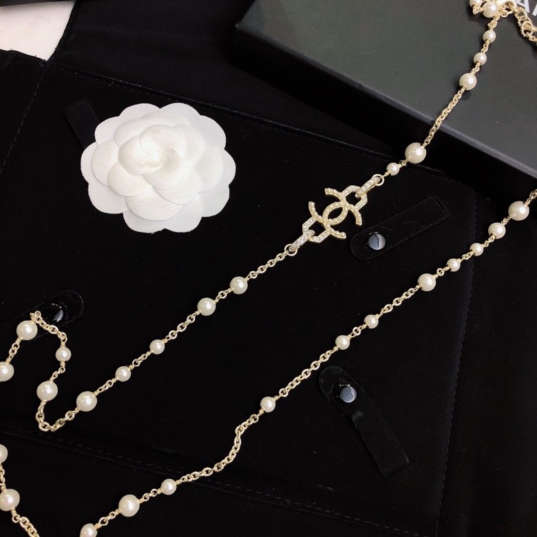 Chanel CC Pearl Long Necklace necklace Gold-tone metal cream white faux pearl clear crystal 80cm