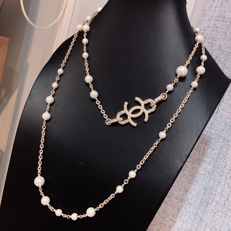 Chanel CC Pearl Long Necklace necklace Gold-tone metal cream white faux pearl clear crystal 80cm