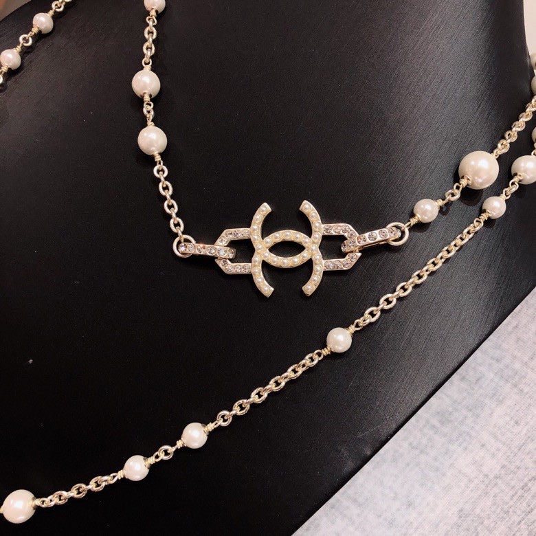 Chanel CC Pearl Long Necklace necklace Gold-tone metal cream white faux pearl clear crystal 80cm