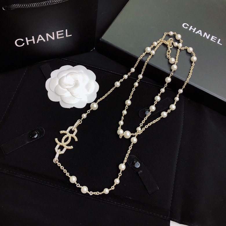 Chanel CC Pearl Long Necklace necklace Gold-tone metal cream white faux pearl clear crystal 80cm