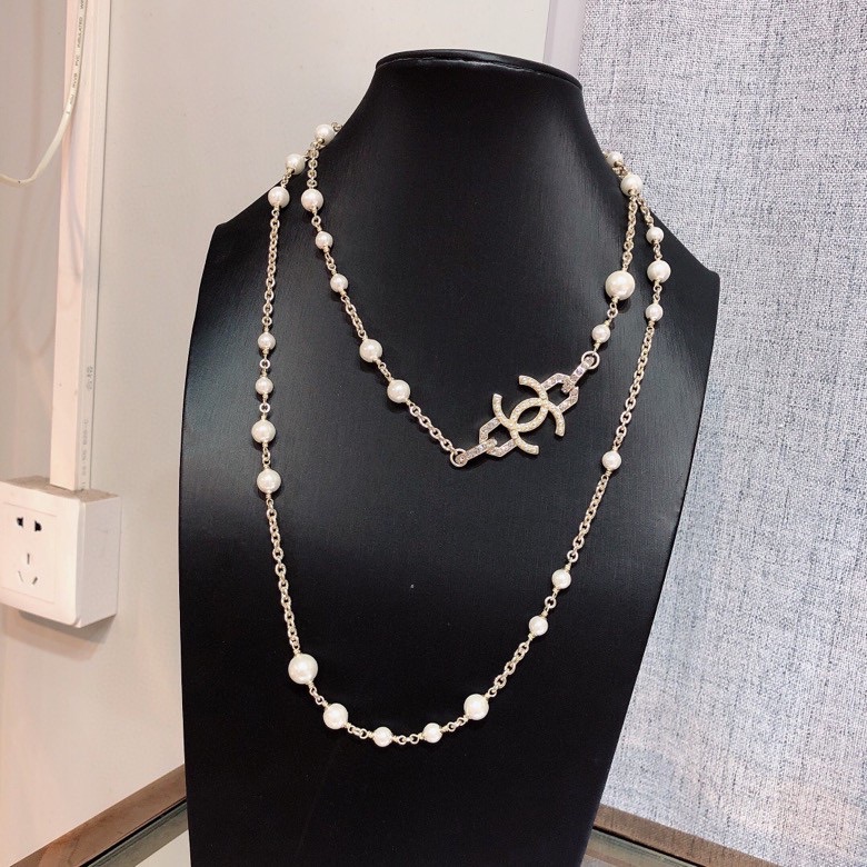 Chanel CC Pearl Long Necklace necklace Gold-tone metal cream white faux pearl clear crystal 80cm