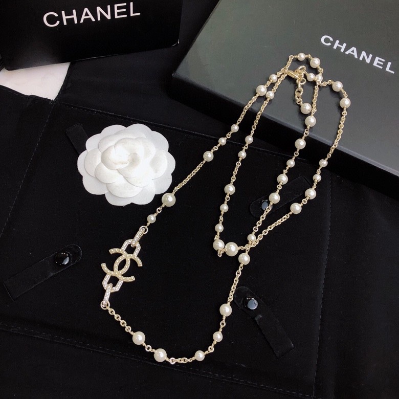 Chanel CC Pearl Long Necklace necklace Gold-tone metal cream white faux pearl clear crystal 80cm