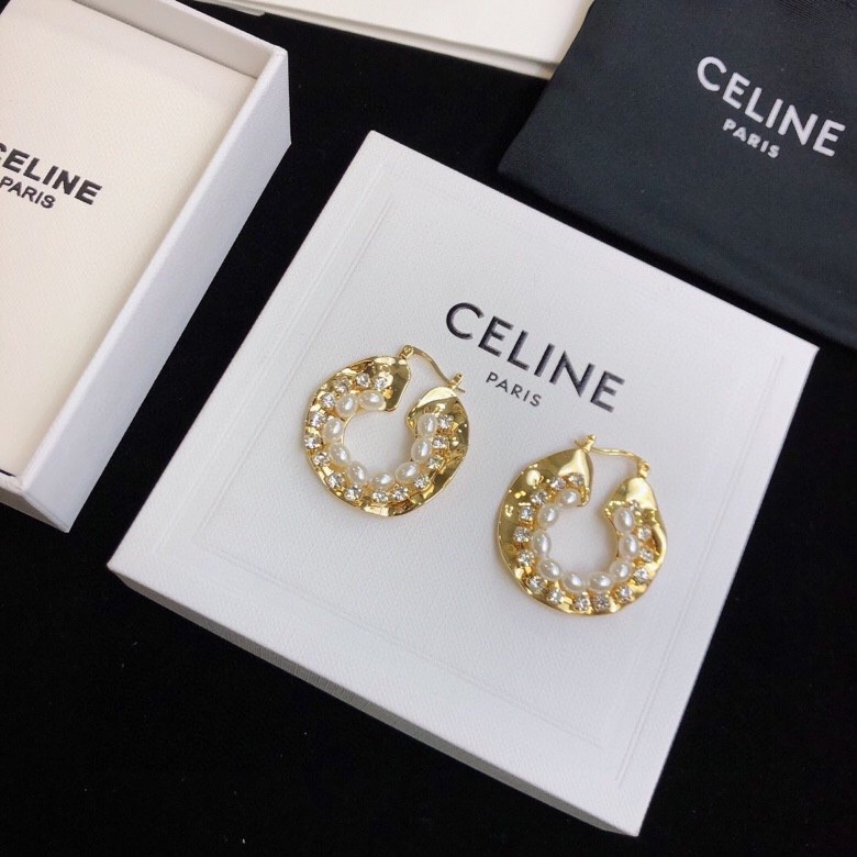 Celine 05038100 Hammered Pearl Crystal Hoop Earrings earrings Gold-tone metal with white pearls and clear crystals One Size 3cm diameter