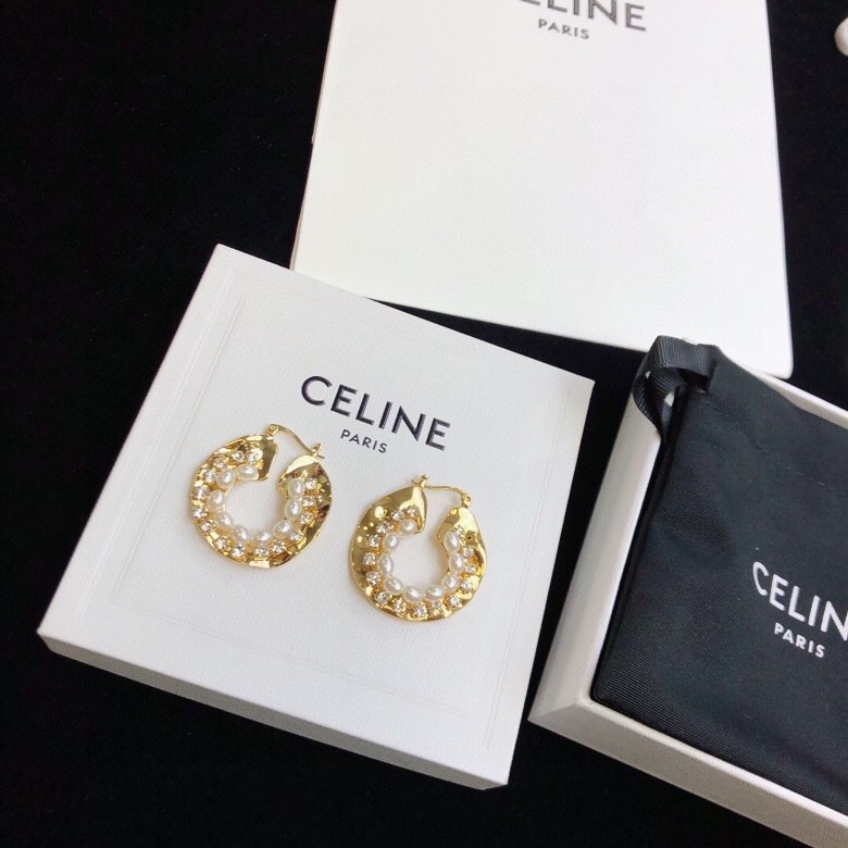 Celine 05038100 Hammered Pearl Crystal Hoop Earrings earrings Gold-tone metal with white pearls and clear crystals One Size 3cm diameter