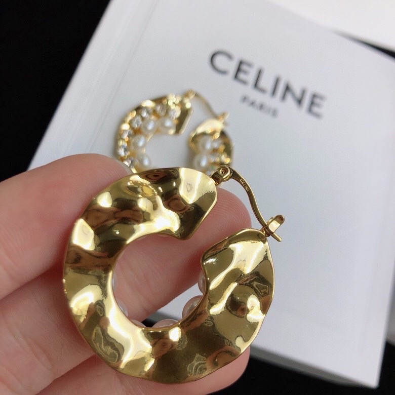 Celine 05038100 Hammered Pearl Crystal Hoop Earrings earrings Gold-tone metal with white pearls and clear crystals One Size 3cm diameter