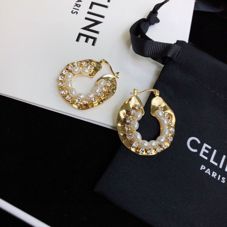 Celine 05038100 Hammered Pearl Crystal Hoop Earrings earrings Gold-tone metal with white pearls and clear crystals One Size 3cm diameter