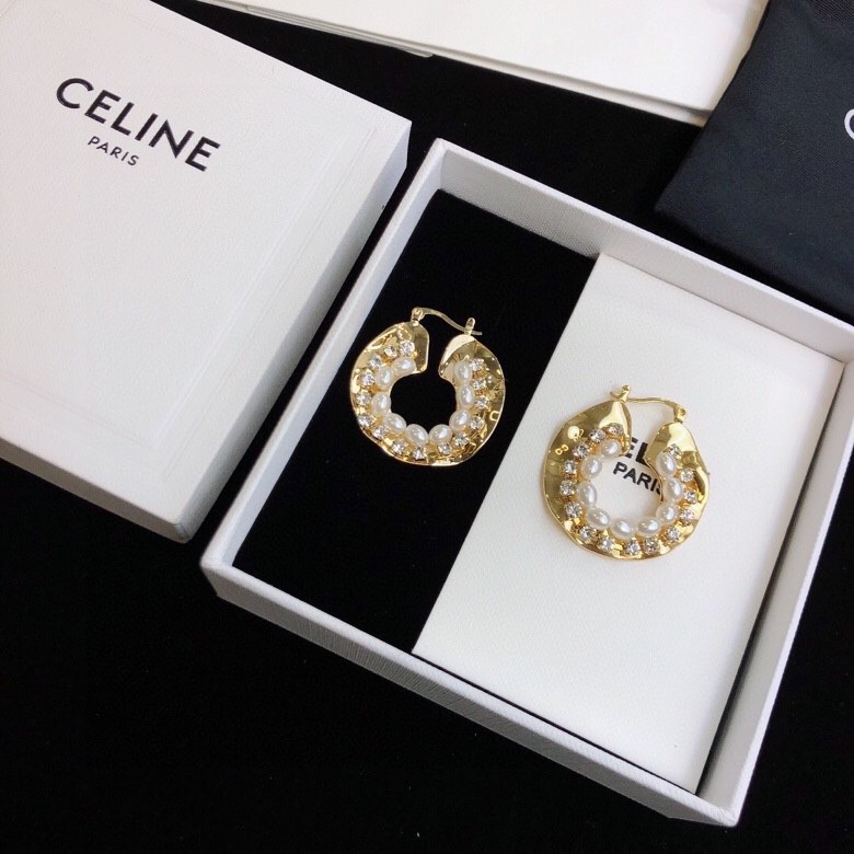 Celine 05038100 Hammered Pearl Crystal Hoop Earrings earrings Gold-tone metal with white pearls and clear crystals One Size 3cm diameter