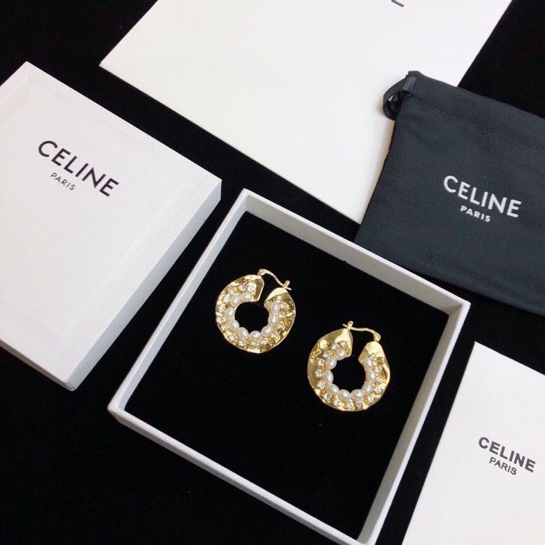 Celine 05038100 Hammered Pearl Crystal Hoop Earrings earrings Gold-tone metal with white pearls and clear crystals One Size 3cm diameter