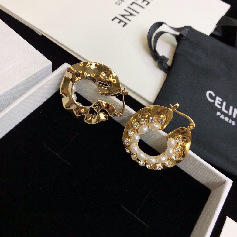 Celine 05038100 Hammered Pearl Crystal Hoop Earrings earrings Gold-tone metal with white pearls and clear crystals One Size 3cm diameter