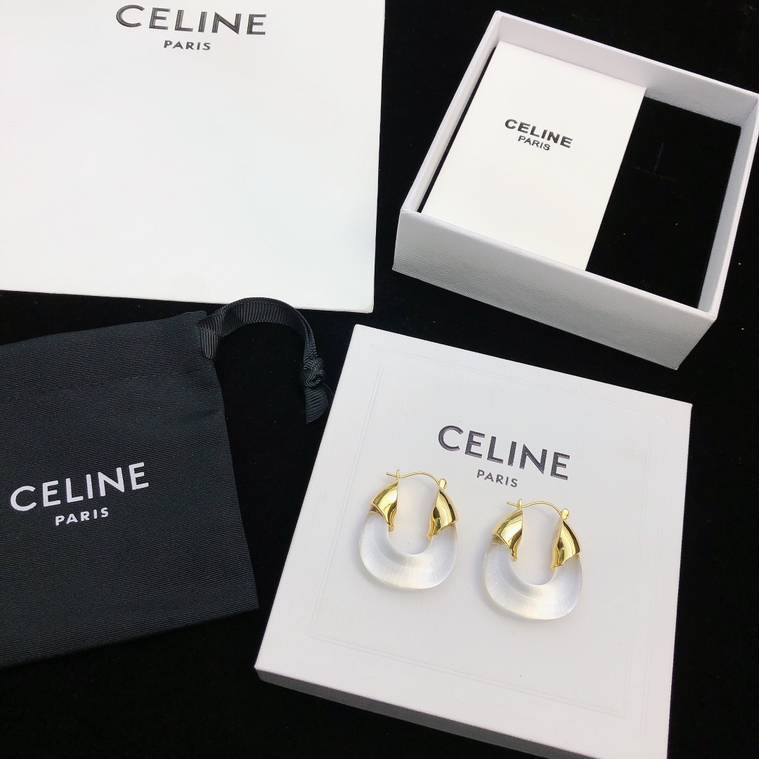 Celine Celestine earrings gold-tone metal with translucent frosted white resin 2 5cm hoop diameter