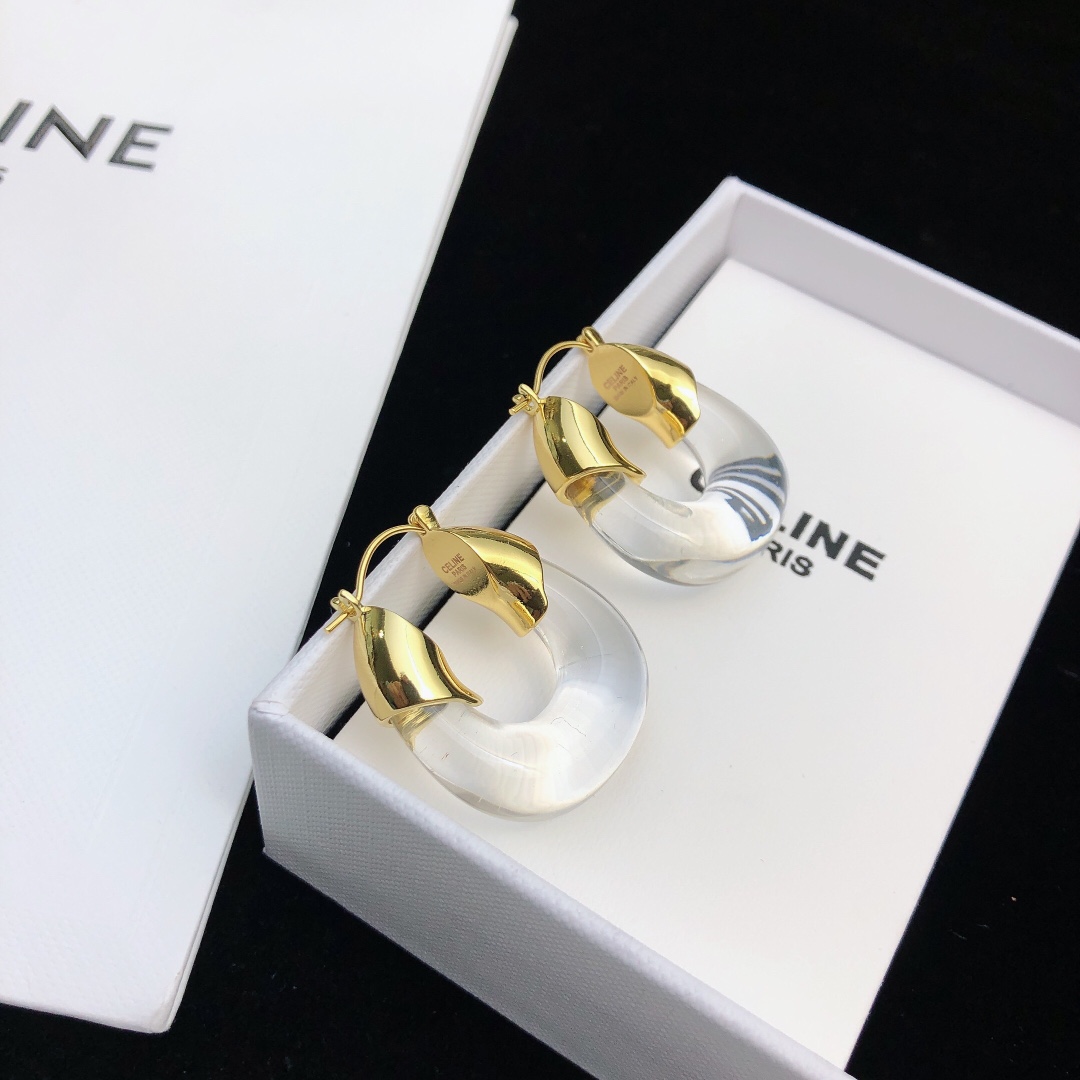 Celine Celestine earrings gold-tone metal with translucent frosted white resin 2 5cm hoop diameter