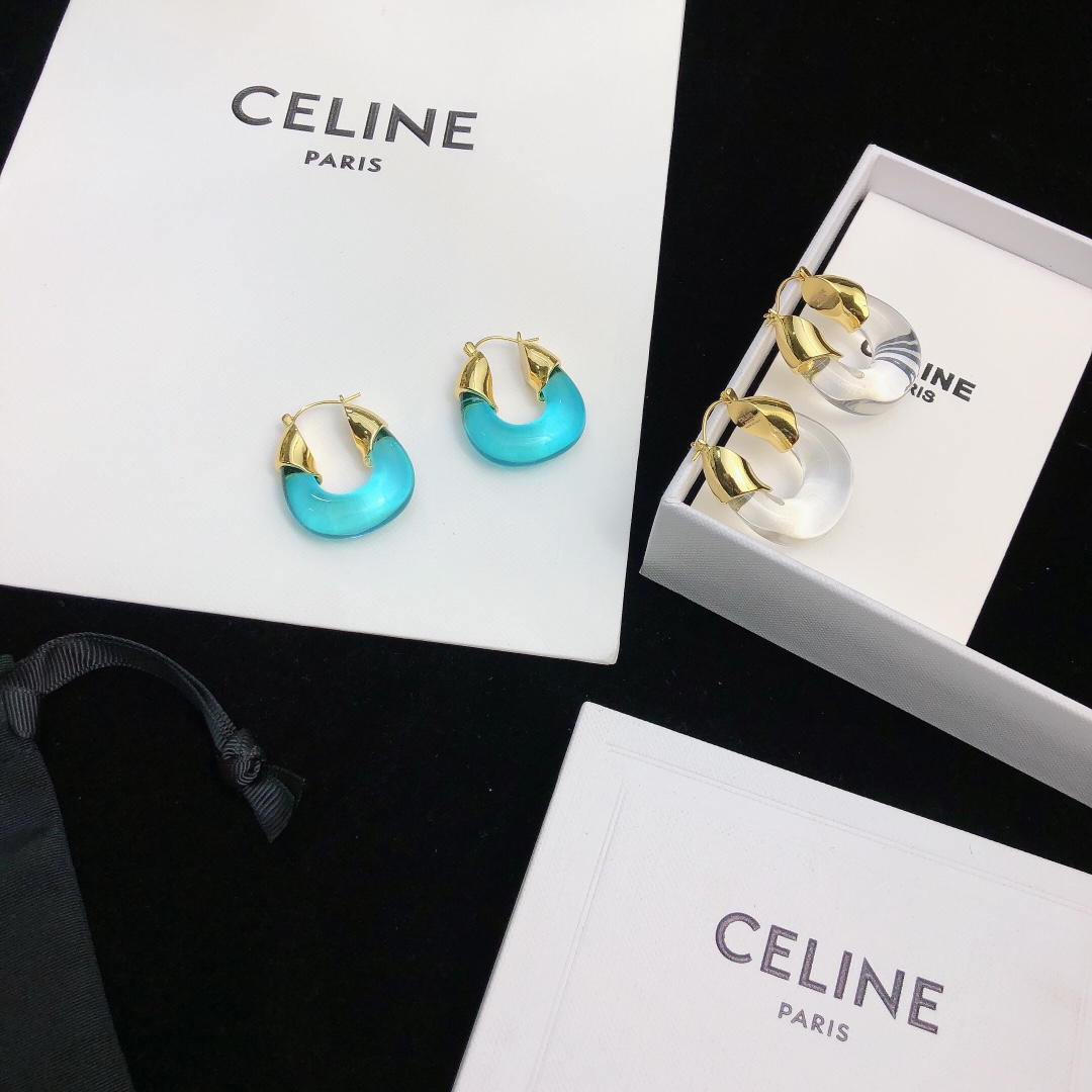 Celine Celestine earrings gold-tone metal with translucent frosted white resin 2 5cm hoop diameter