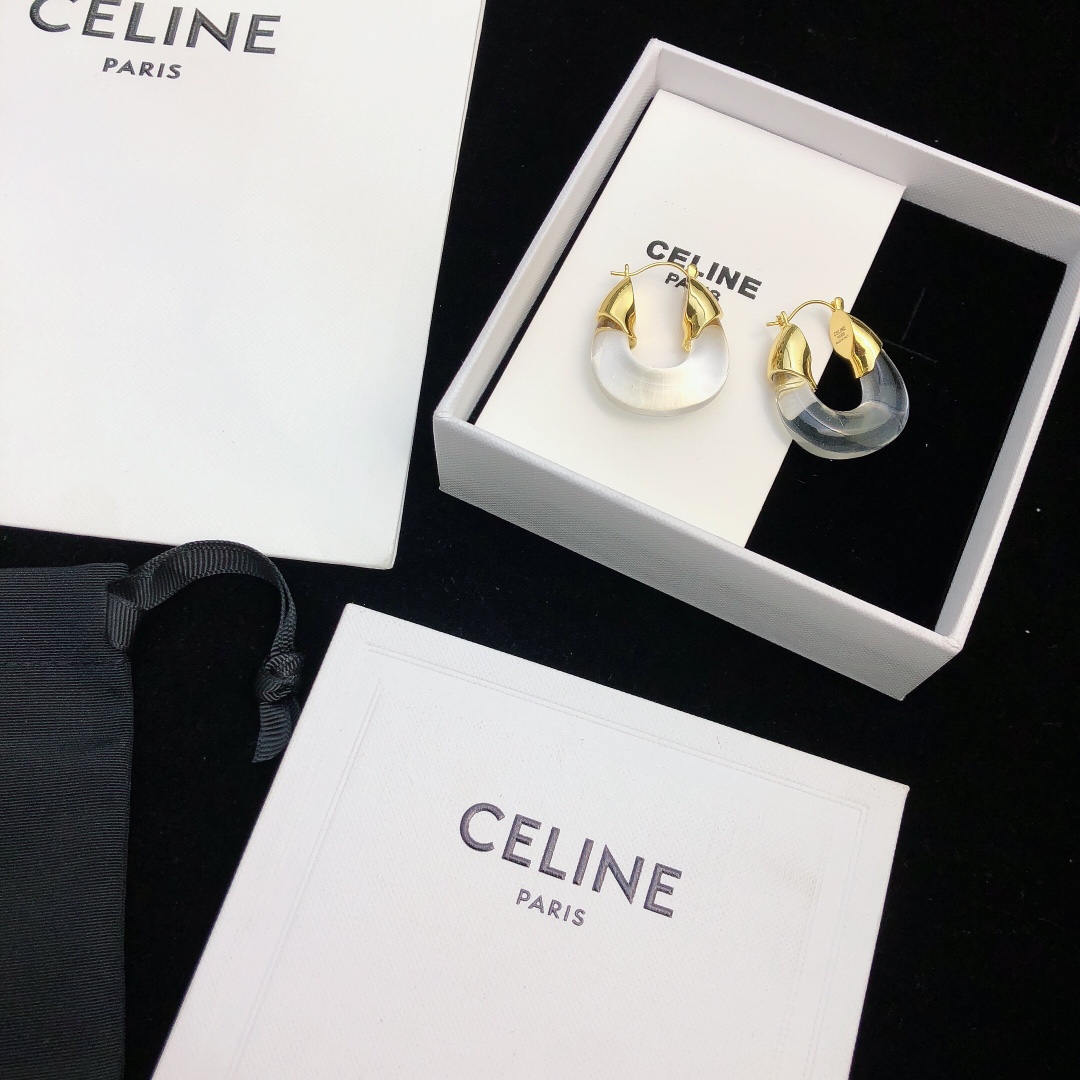 Celine Celestine earrings gold-tone metal with translucent frosted white resin 2 5cm hoop diameter