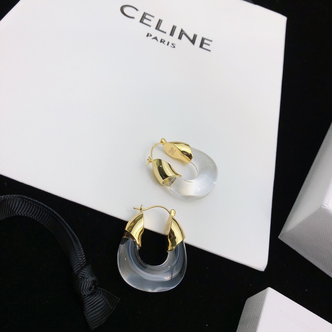 Celine Celestine earrings gold-tone metal with translucent frosted white resin 2 5cm hoop diameter