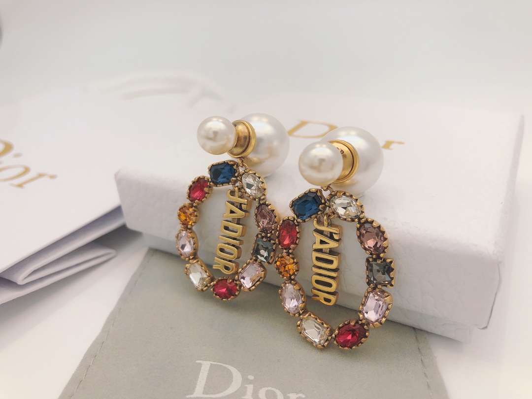 Dior J ADIOR earrings antique gold tone metal white faux pearl multicolor faceted crystals 3cm drop length