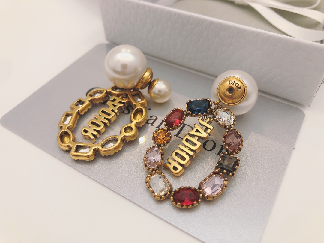 Dior J ADIOR earrings antique gold tone metal white faux pearl multicolor faceted crystals 3cm drop length