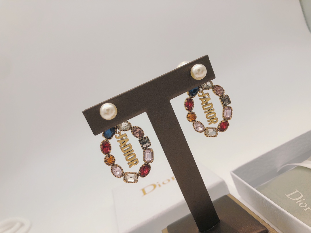 Dior J ADIOR earrings antique gold tone metal white faux pearl multicolor faceted crystals 3cm drop length