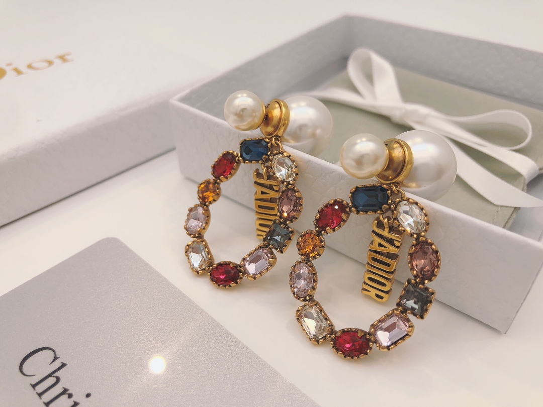 Dior J ADIOR earrings antique gold tone metal white faux pearl multicolor faceted crystals 3cm drop length