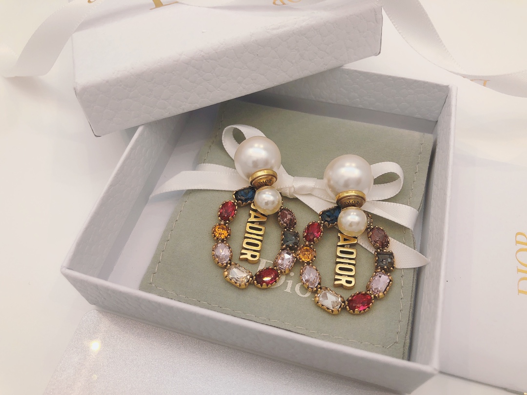 Dior J ADIOR earrings antique gold tone metal white faux pearl multicolor faceted crystals 3cm drop length