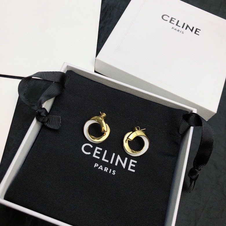 Celine Twisted Hoop Stud Earrings earrings gold-tone metal with white enamel accent 1 5cm diameter