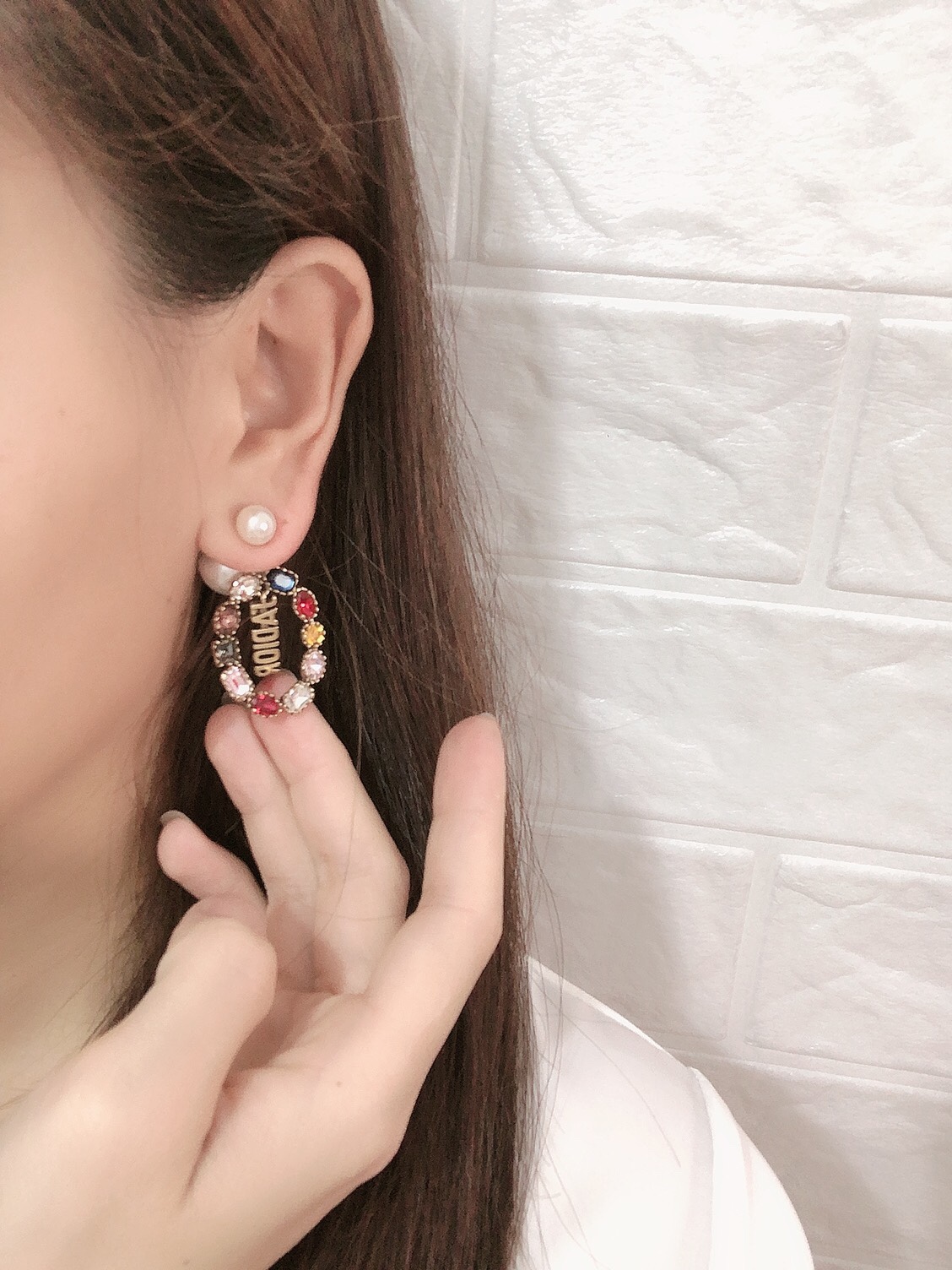 Dior J ADIOR earrings antique gold tone metal white faux pearl multicolor faceted crystals 3cm drop length