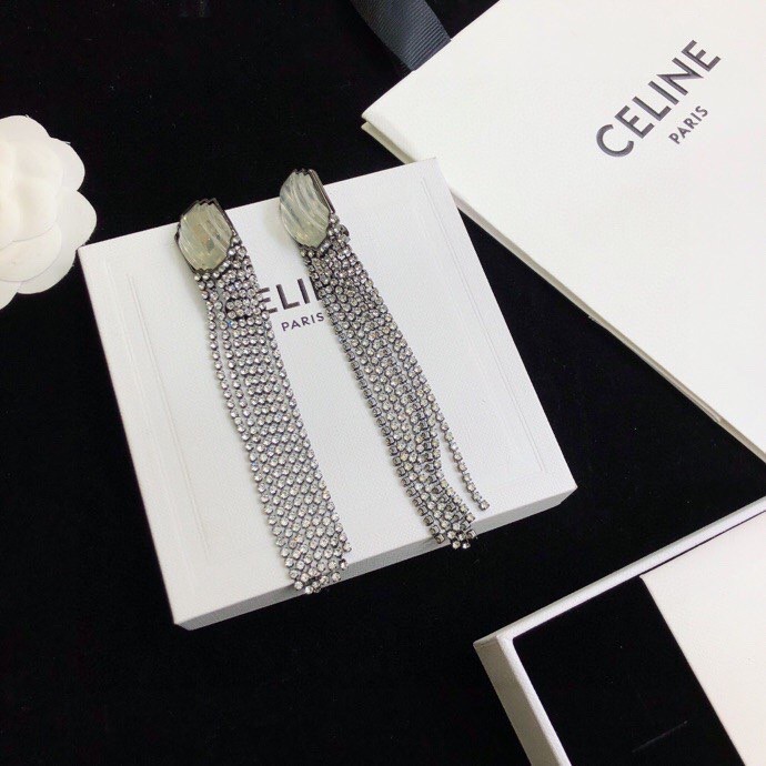 Celine Carved Stone Multi-Strand Crystal Tassel Earrings earrings Gunmetal-toned dark metal pale translucent carved stone clear faceted crystals 9cm length