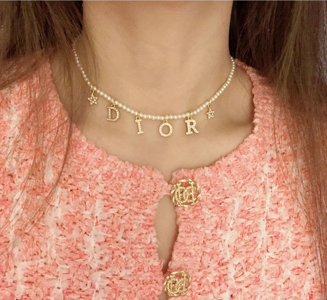Dior DXL0046 Pearl Letter Star Charm Choker necklace Gold-tone metal white faux pearl clear crystal 40cm