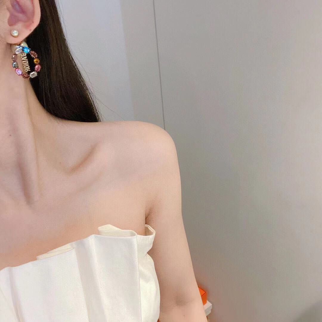 Dior J ADIOR earrings antique gold tone metal white faux pearl multicolor faceted crystals 3cm drop length
