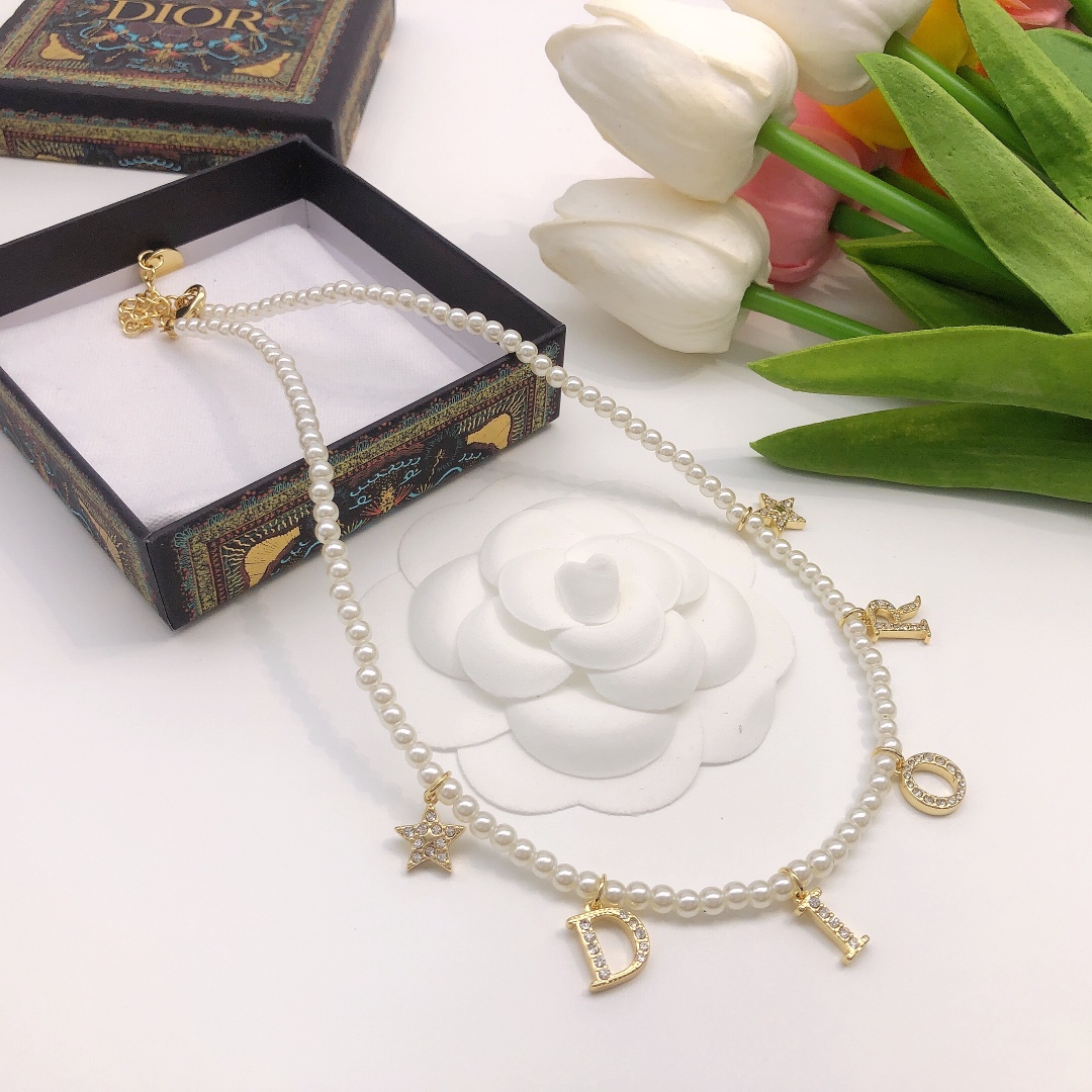Dior DXL0046 Pearl Letter Star Charm Choker necklace Gold-tone metal white faux pearl clear crystal 40cm