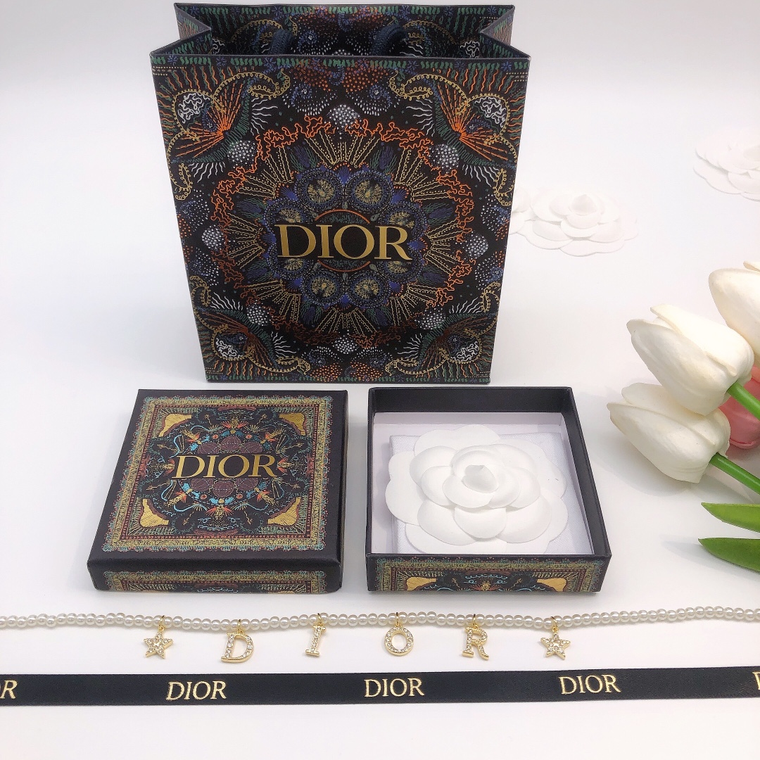 Dior DXL0046 Pearl Letter Star Charm Choker necklace Gold-tone metal white faux pearl clear crystal 40cm