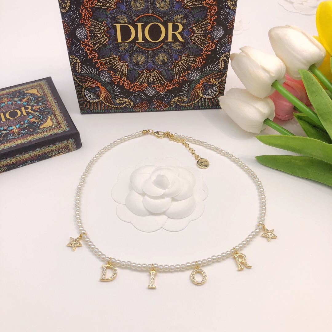 Dior DXL0046 Pearl Letter Star Charm Choker necklace Gold-tone metal white faux pearl clear crystal 40cm