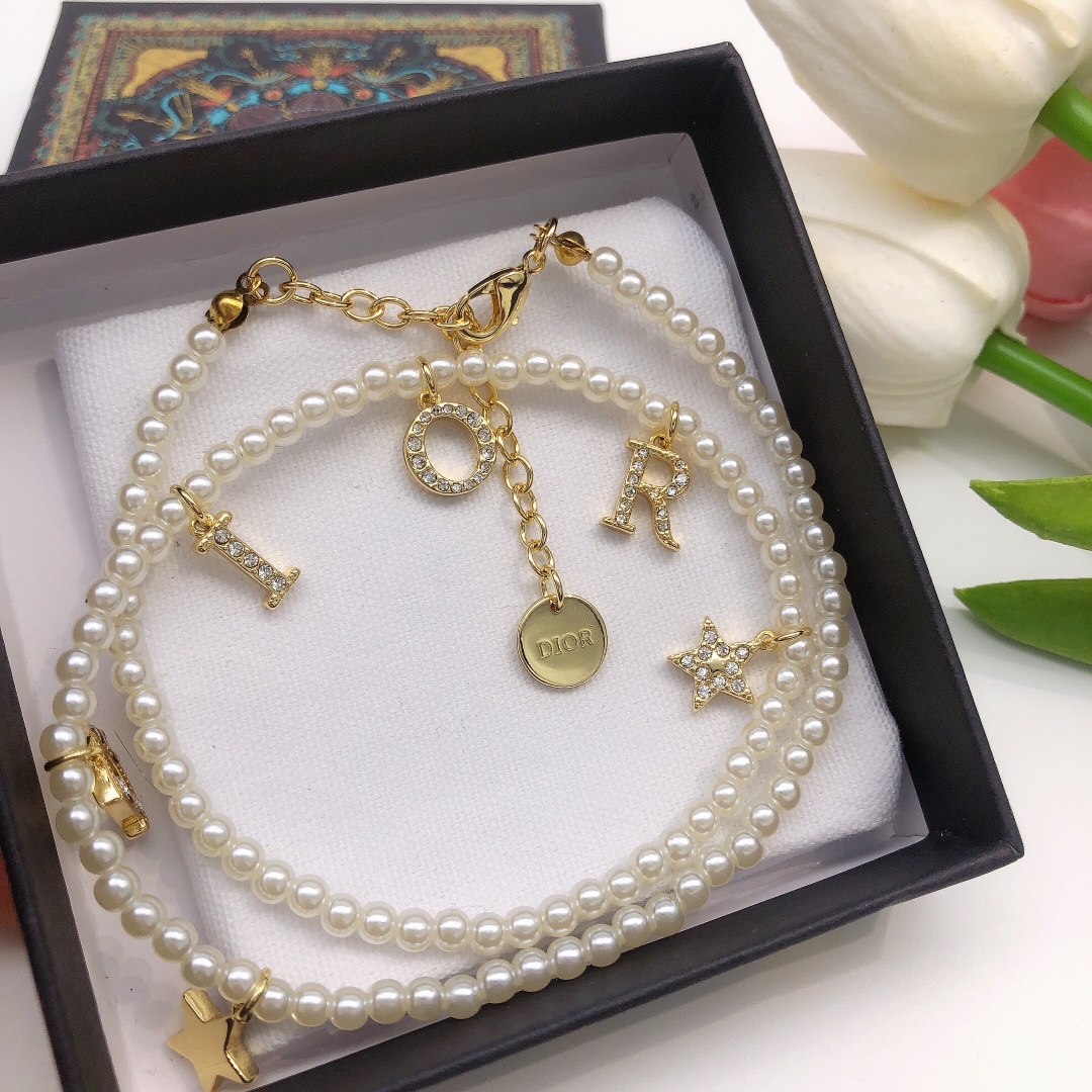 Dior DXL0046 Pearl Letter Star Charm Choker necklace Gold-tone metal white faux pearl clear crystal 40cm