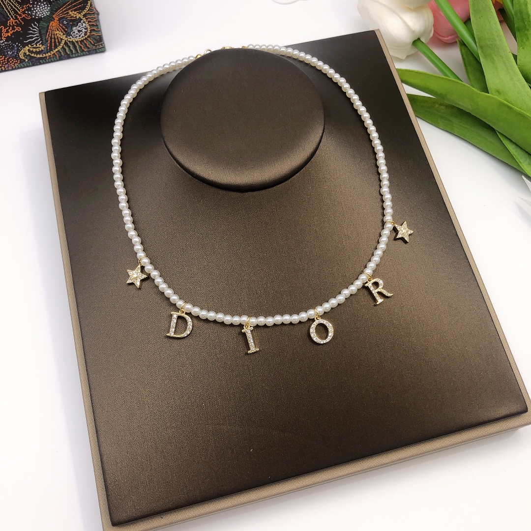 Dior DXL0046 Pearl Letter Star Charm Choker necklace Gold-tone metal white faux pearl clear crystal 40cm