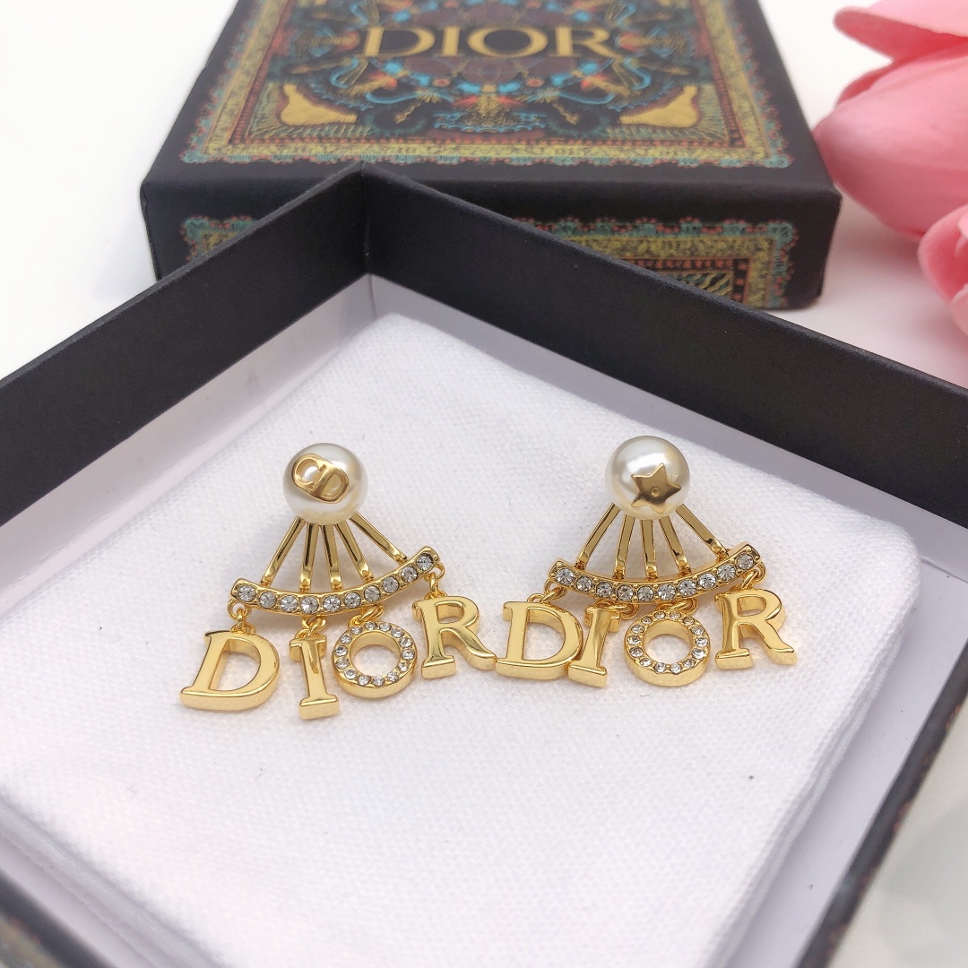 Dior DED0079 earrings Gold-tone metal white faux pearl clear crystal One Size
