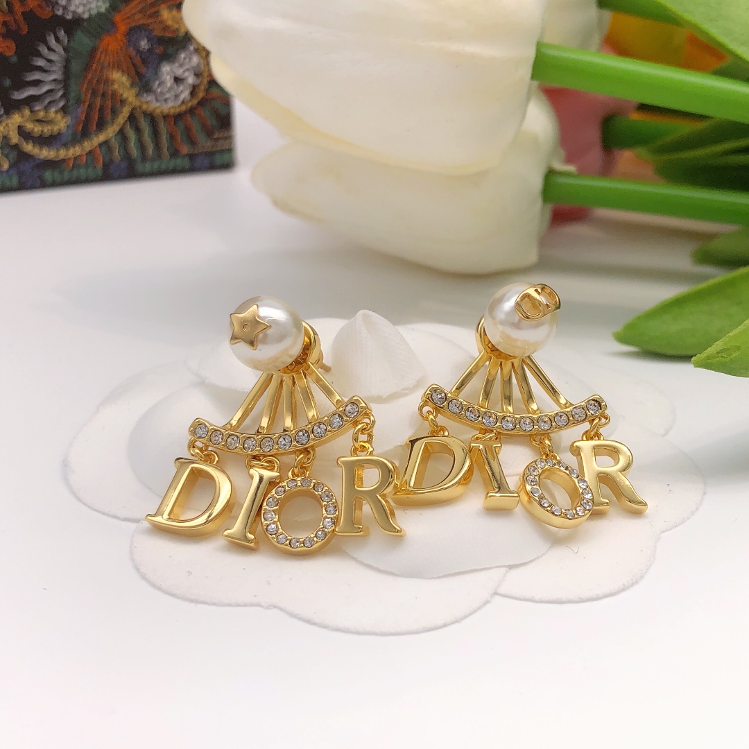 Dior DED0079 earrings Gold-tone metal white faux pearl clear crystal One Size