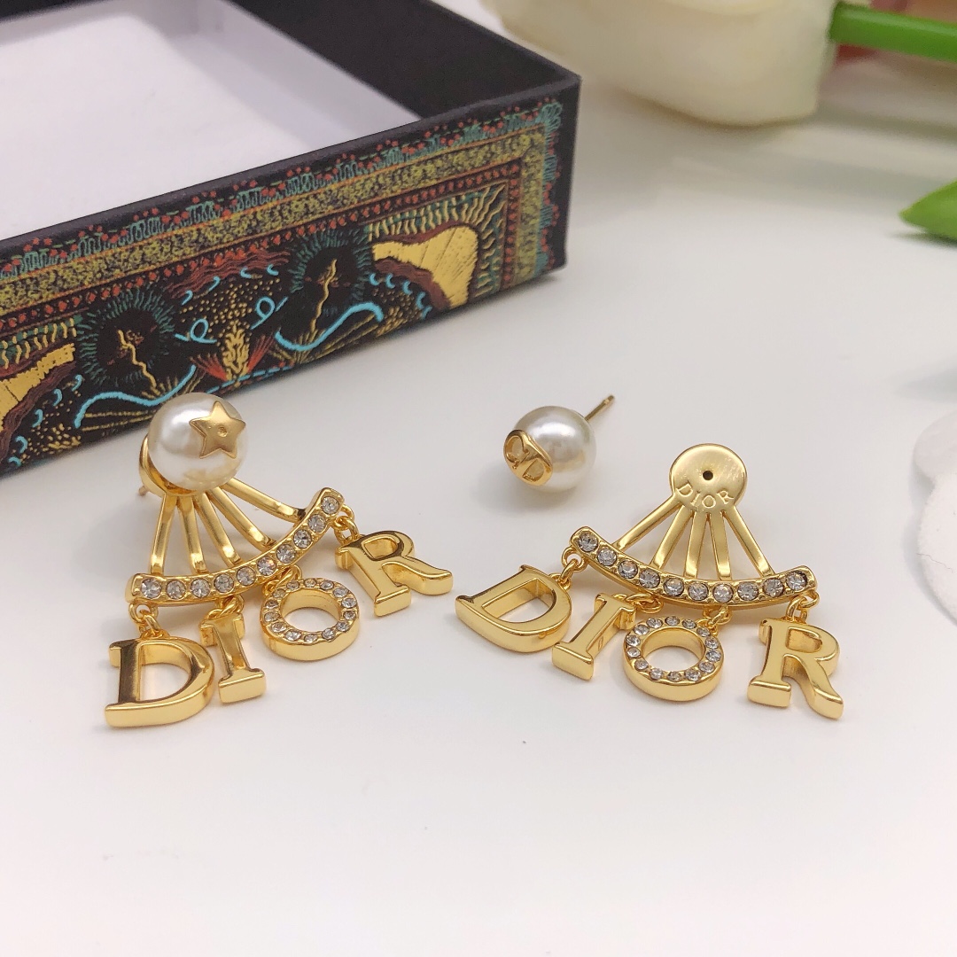 Dior DED0079 earrings Gold-tone metal white faux pearl clear crystal One Size