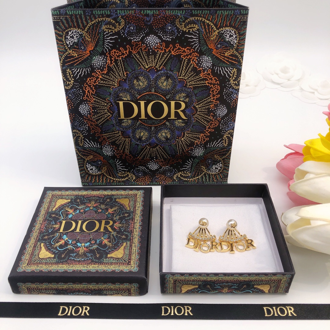 Dior DED0079 earrings Gold-tone metal white faux pearl clear crystal One Size